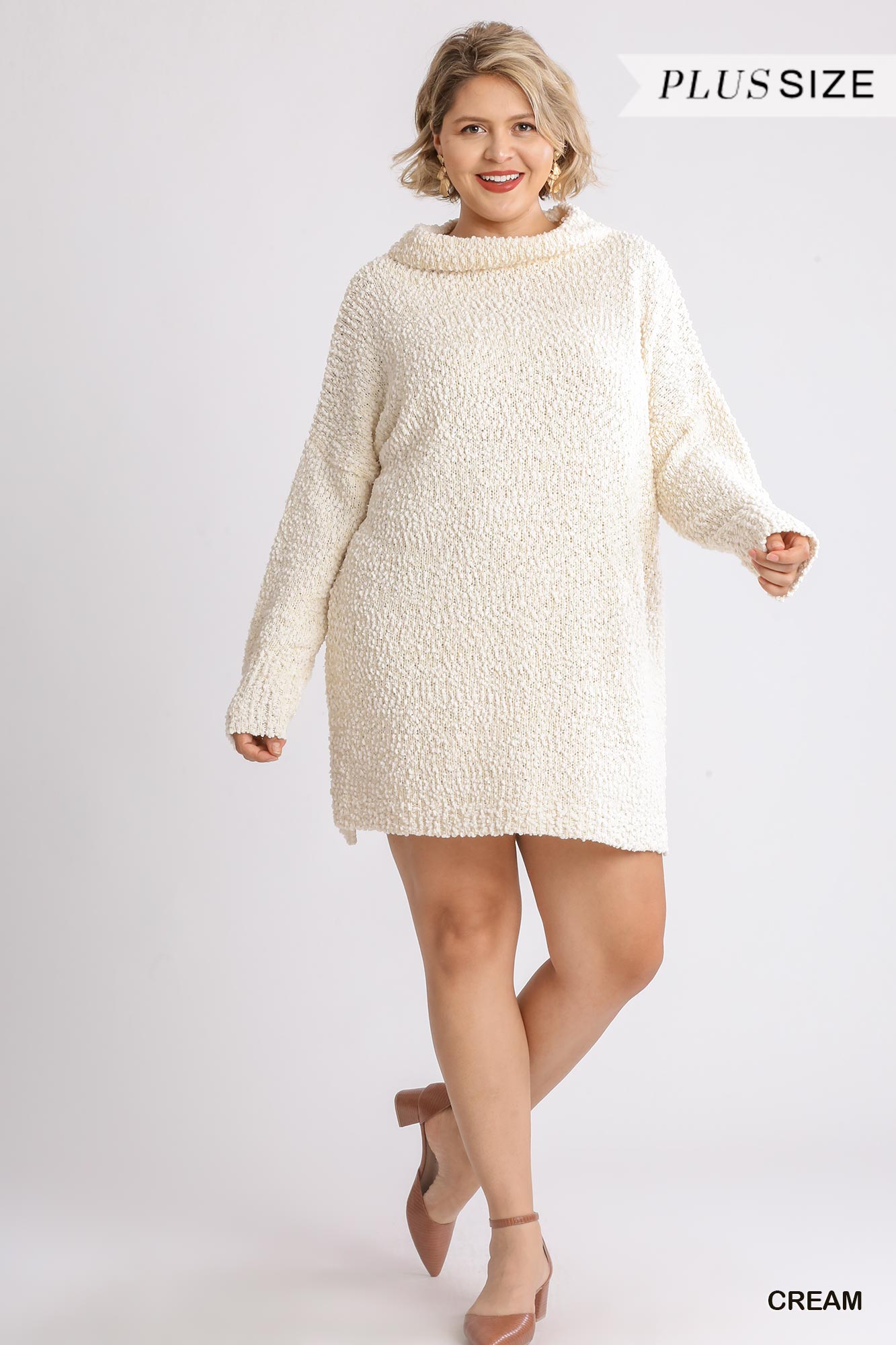 Junior High Cowl Neck Bouclé Long Sleeve Sweater Dress - FabulousFixx