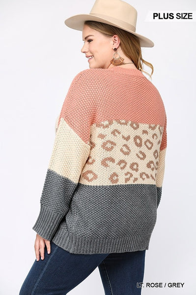 Color Block and Leopard Pattern Mixed Pullover Sweater - FabulousFixx