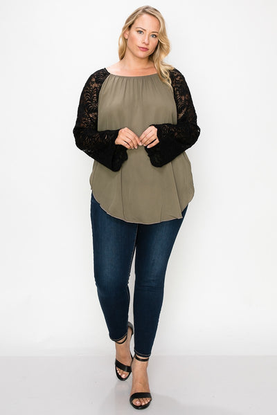 Solid Top Featuring Flattering Lace Bell Sleeves - FabulousFixx