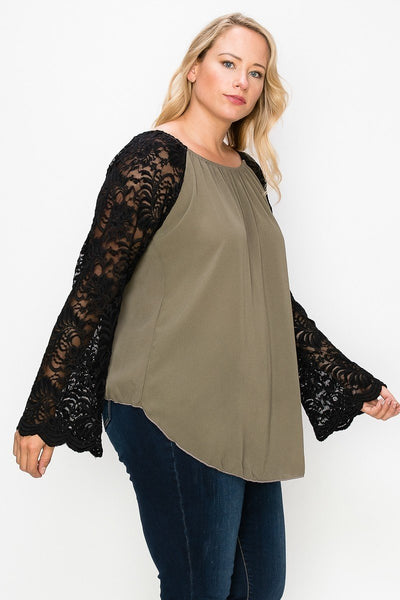 Solid Top Featuring Flattering Lace Bell Sleeves - FabulousFixx