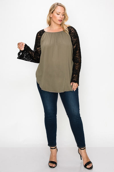 Solid Top Featuring Flattering Lace Bell Sleeves - FabulousFixx