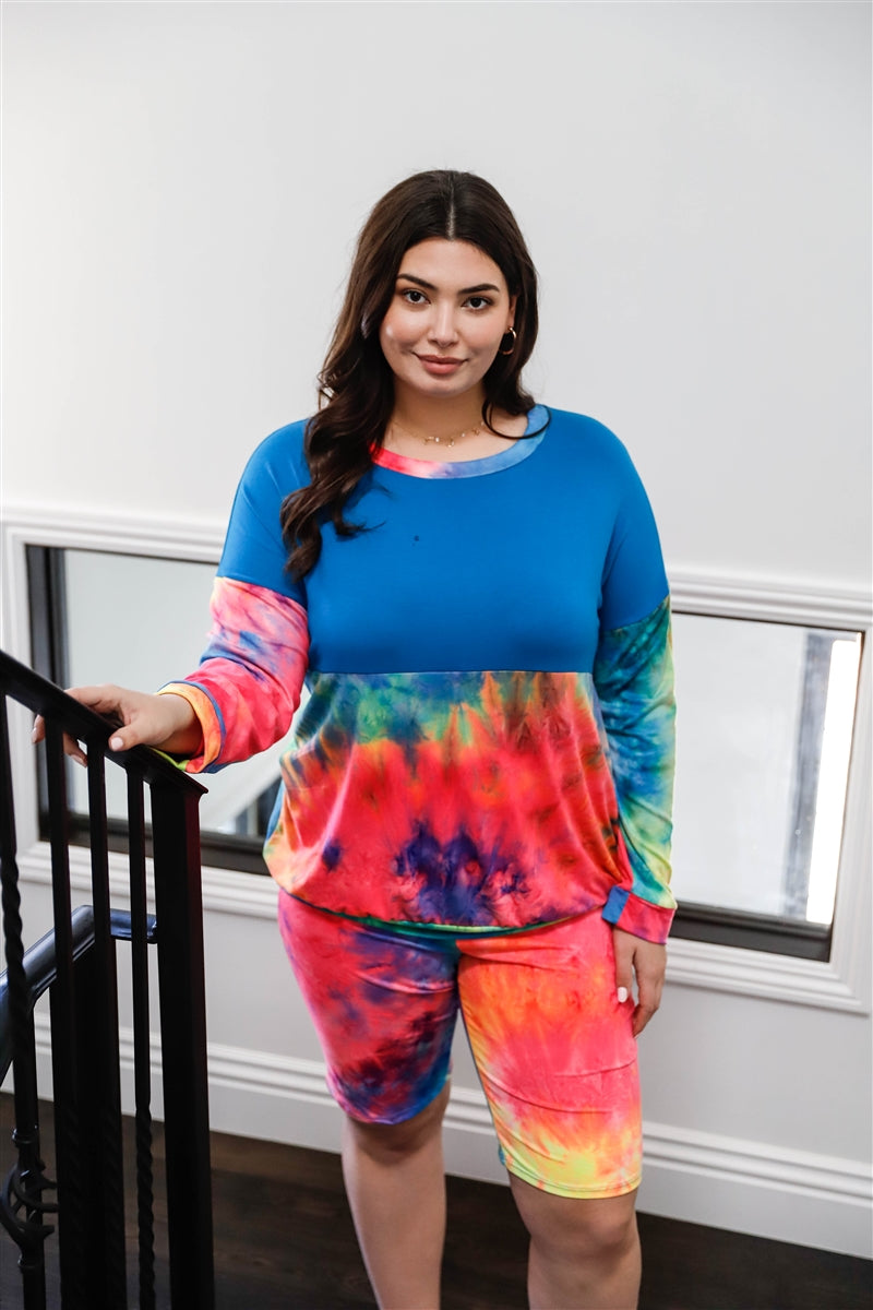 Blue Neon Rainbow Tie-Dye Colorblock Long Sleeve Top & Biker Shorts Set - FabulousFixx