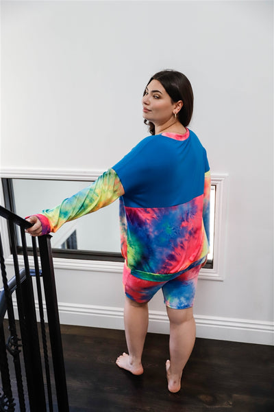 Blue Neon Rainbow Tie-Dye Colorblock Long Sleeve Top & Biker Shorts Set - FabulousFixx