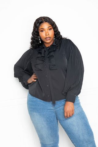 Pleated Sleeve Blouse with Waterfall Frill and Bow - FabulousFixx