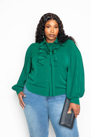 Pleated Sleeve Blouse with Waterfall Frill and Bow - FabulousFixx