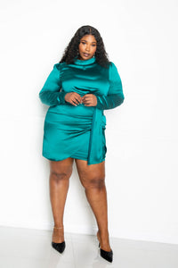 Satin Mock Neck Rouched Mini Dress - FabulousFixx