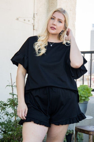 Round Neck Ruffle Sleeve Side Slit French Terry Top - FabulousFixx