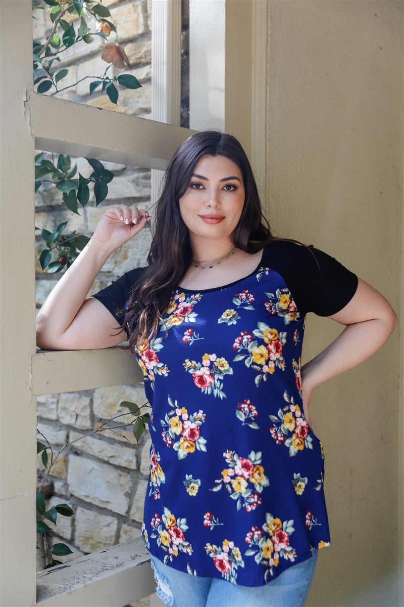 Junior Floral Print & Ribbed Black Colorblock Top - FabulousFixx