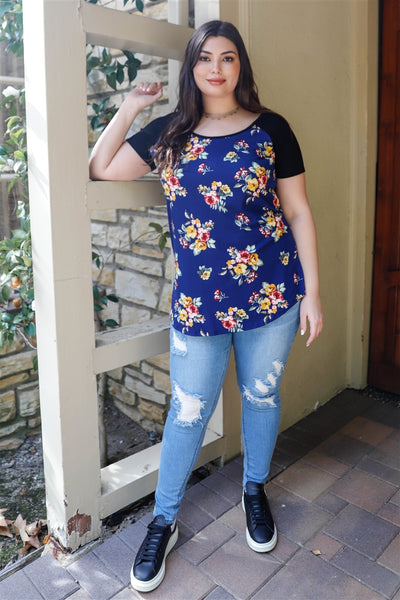 Junior Floral Print & Ribbed Black Colorblock Top - FabulousFixx