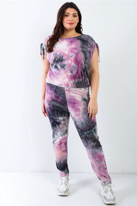 Purple & Black Tie-Dye Ruched Shoulder Detail Top & Pants Set - FabulousFixx