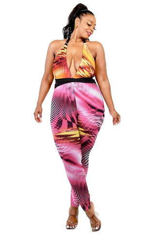 Color Pattern Criss Cross Mock Neck Jumpsuit - FabulousFixx