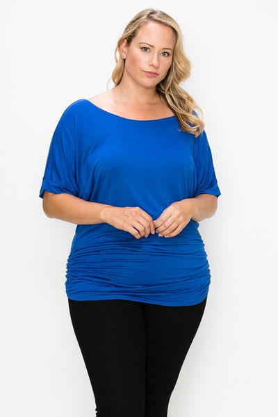 Short Sleeve Top Featuring a Round Neck and Ruched Sides - FabulousFixx