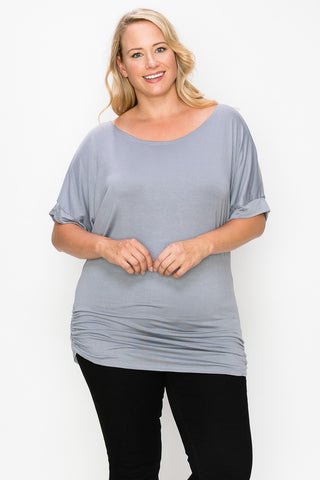 Short Sleeve Top Featuring a Round Neck and Ruched Sides - FabulousFixx