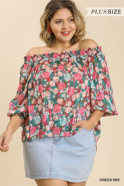 Junior Sheer Floral Print Metallic Threading Long Sleeve Off Shoulder Top with High Low Hem - FabulousFixx