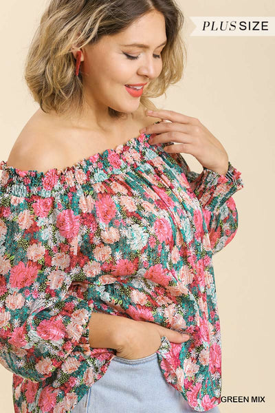 Junior Sheer Floral Print Metallic Threading Long Sleeve Off Shoulder Top with High Low Hem - FabulousFixx