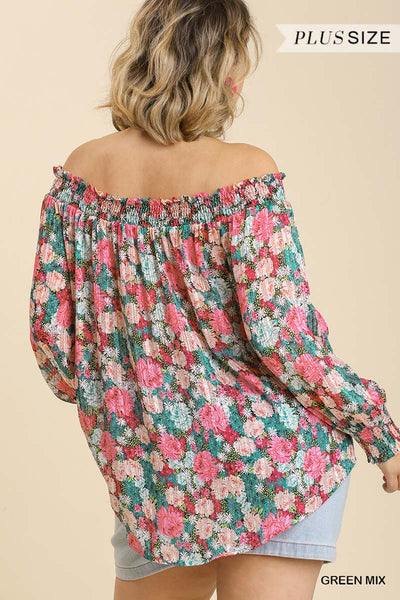 Junior Sheer Floral Print Metallic Threading Long Sleeve Off Shoulder Top with High Low Hem - FabulousFixx