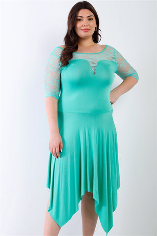 Junior Mint Lace Details Handkerchief Hem Midi Dress - FabulousFixx