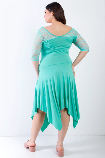 Junior Mint Lace Details Handkerchief Hem Midi Dress - FabulousFixx