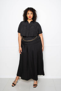 Pleated Cropped Shirt and Maxi Skirt Set - FabulousFixx