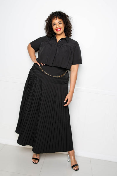 Pleated Cropped Shirt and Maxi Skirt Set - FabulousFixx