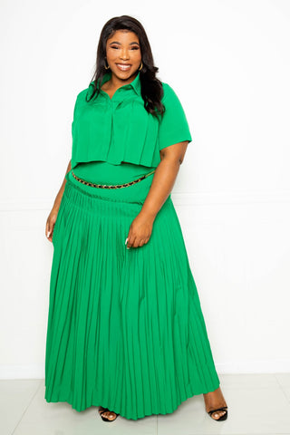 Pleated Cropped Shirt and Maxi Skirt Set - FabulousFixx