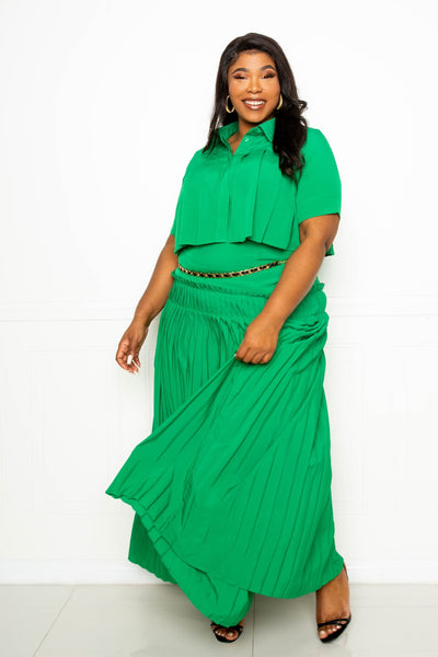 Pleated Cropped Shirt and Maxi Skirt Set - FabulousFixx