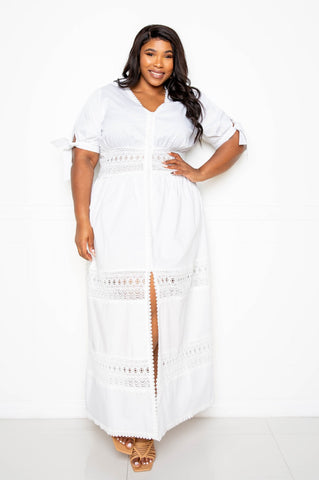 Puff Sleeve Maxi Dress with Lace Insert - FabulousFixx