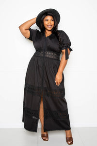 Puff Sleeve Maxi Dress with Lace Insert - FabulousFixx