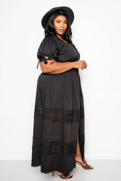 Puff Sleeve Maxi Dress with Lace Insert - FabulousFixx