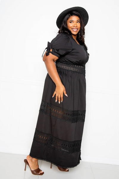 Puff Sleeve Maxi Dress with Lace Insert - FabulousFixx