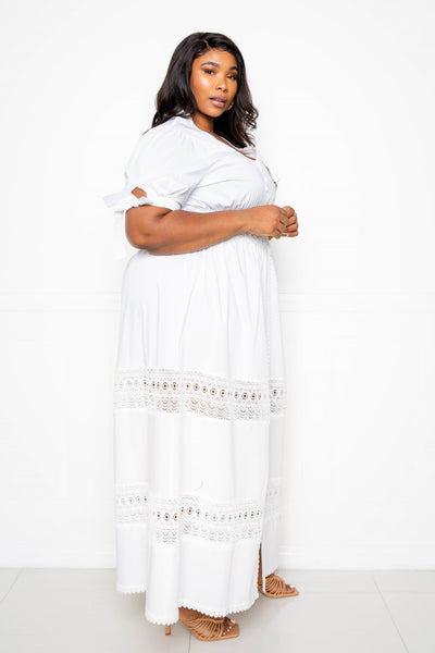 Puff Sleeve Maxi Dress with Lace Insert - FabulousFixx