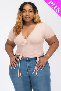 Ribbed Ruched Drawstring Surplice Top - FabulousFixx
