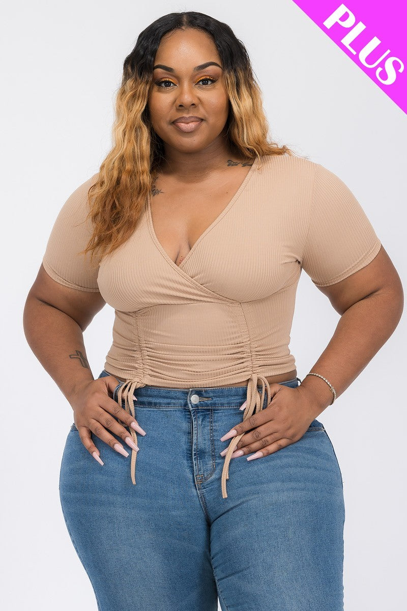 Ribbed Ruched Drawstring Surplice Top - FabulousFixx