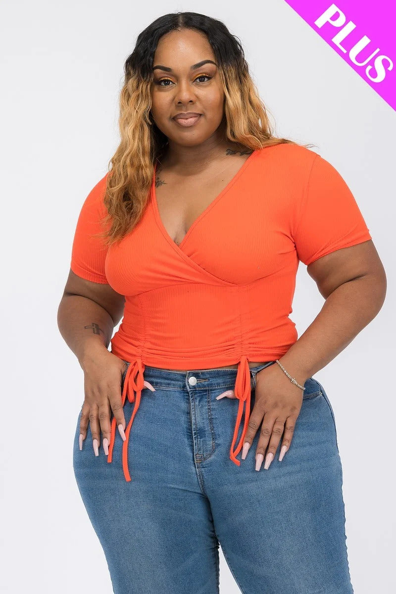 Ribbed Ruched Drawstring Surplice Top - FabulousFixx