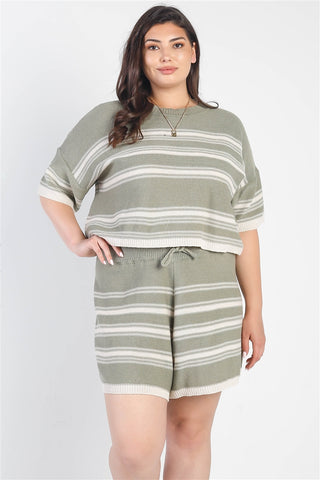 Olive Striped Knit Short Sleeve Crop Top High Waist Shorts Set - FabulousFixx
