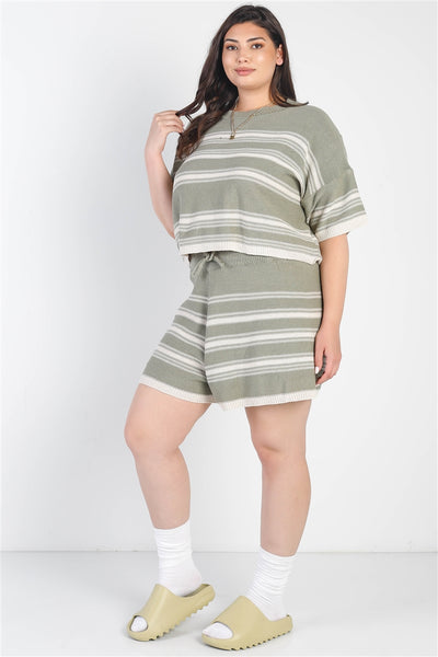 Olive Striped Knit Short Sleeve Crop Top High Waist Shorts Set