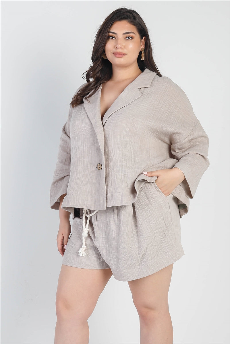 Grey Button-up Collared Neck Blazer High Waist Shorts Set