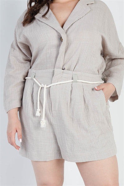 Grey Button-up Collared Neck Blazer High Waist Shorts Set