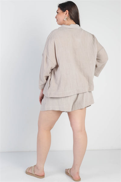 Grey Button-up Collared Neck Blazer High Waist Shorts Set
