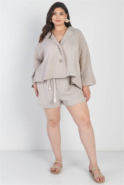 Grey Button-up Collared Neck Blazer High Waist Shorts Set