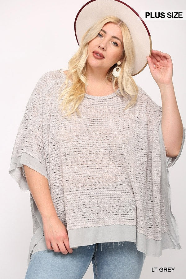 Light Knit and Woven Mixed Boxy Top with Poncho Sleeve