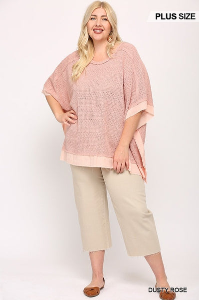 Light Knit and Woven Mixed Boxy Top with Poncho Sleeve