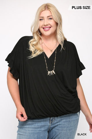 Solid Viscose Knit Surplice Top with Ruffle Sleeve - FabulousFixx