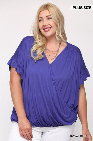 Solid Viscose Knit Surplice Top with Ruffle Sleeve - FabulousFixx
