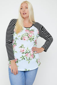 Floral Top Featuring Raglan Style Striped Sleeves and a Round Neck