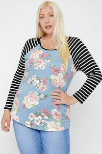 Floral Top Featuring Raglan Style Striped Sleeves and a Round Neck