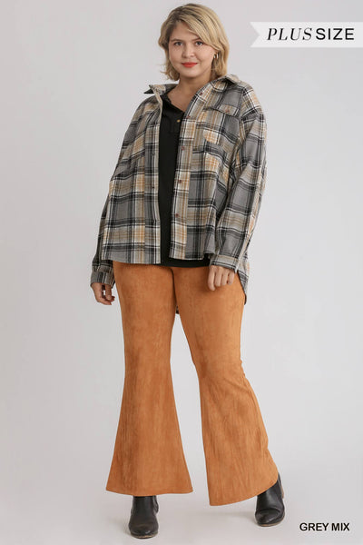 Junior Plaid Collar Button Down Overshirt with Front Pockets
