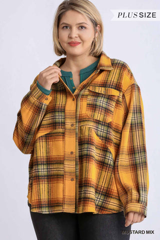 Junior Plaid Collar Button Down Overshirt with Front Pockets - FabulousFixx