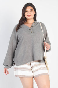Junior Olive Textured Button Detail Long Sleeve Top