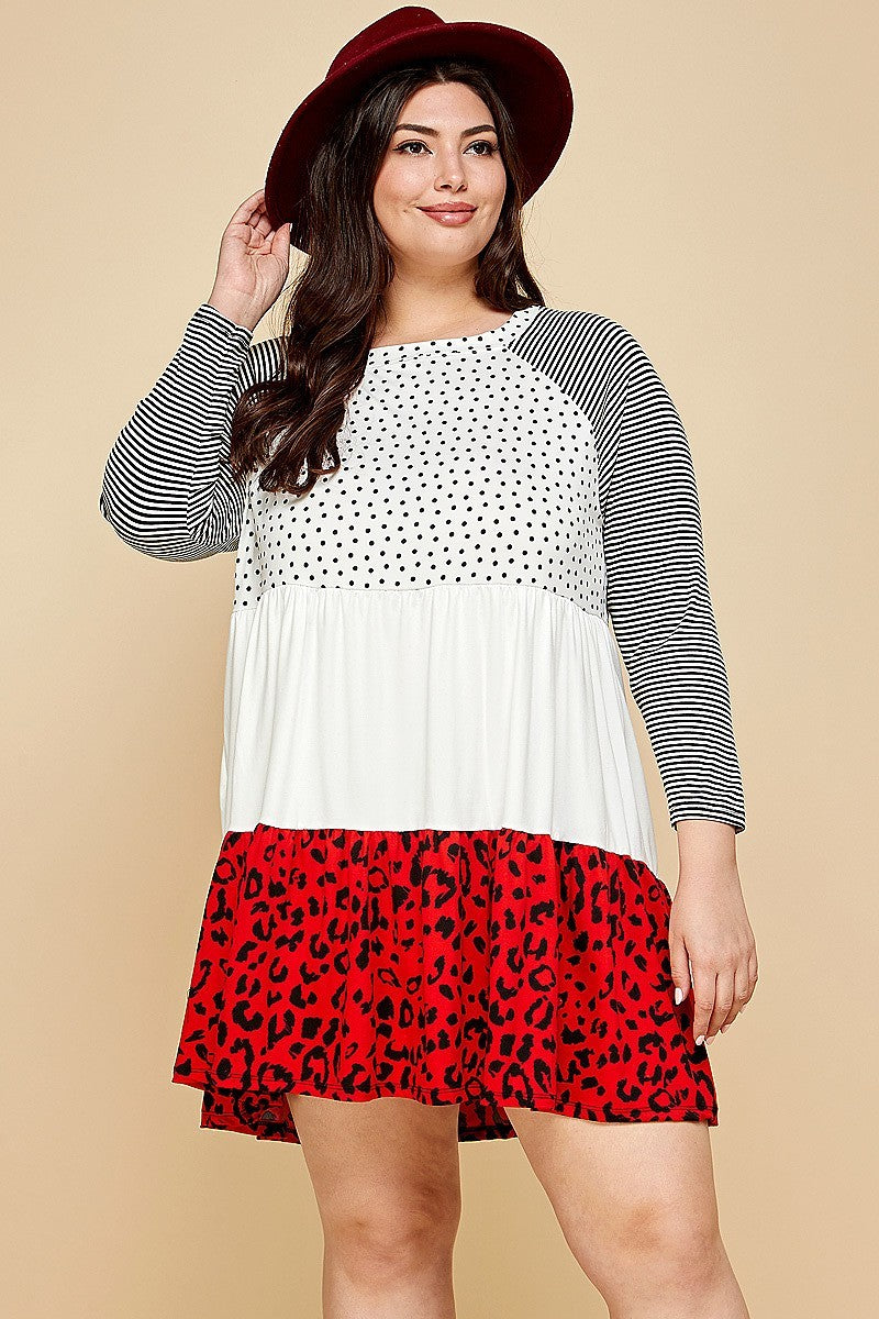 Junior Cute Polka Dot and Animal Print Contrast Swing Tiered Dress